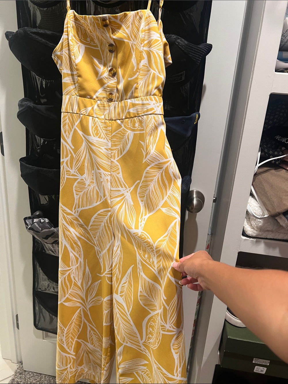 Yellow open back White Leaf-Print Jumpsuit